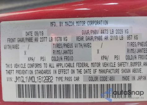 2020 Mazda Mazda6 Touring from USA, damaged, VIN JM1GL1VM0L1512962